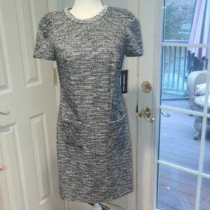 Karl Lagerfeld Black And White Tweed Dress With Beaded Neckline